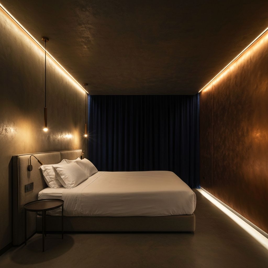 Bedroom with metallic microcement walls and seamless floor